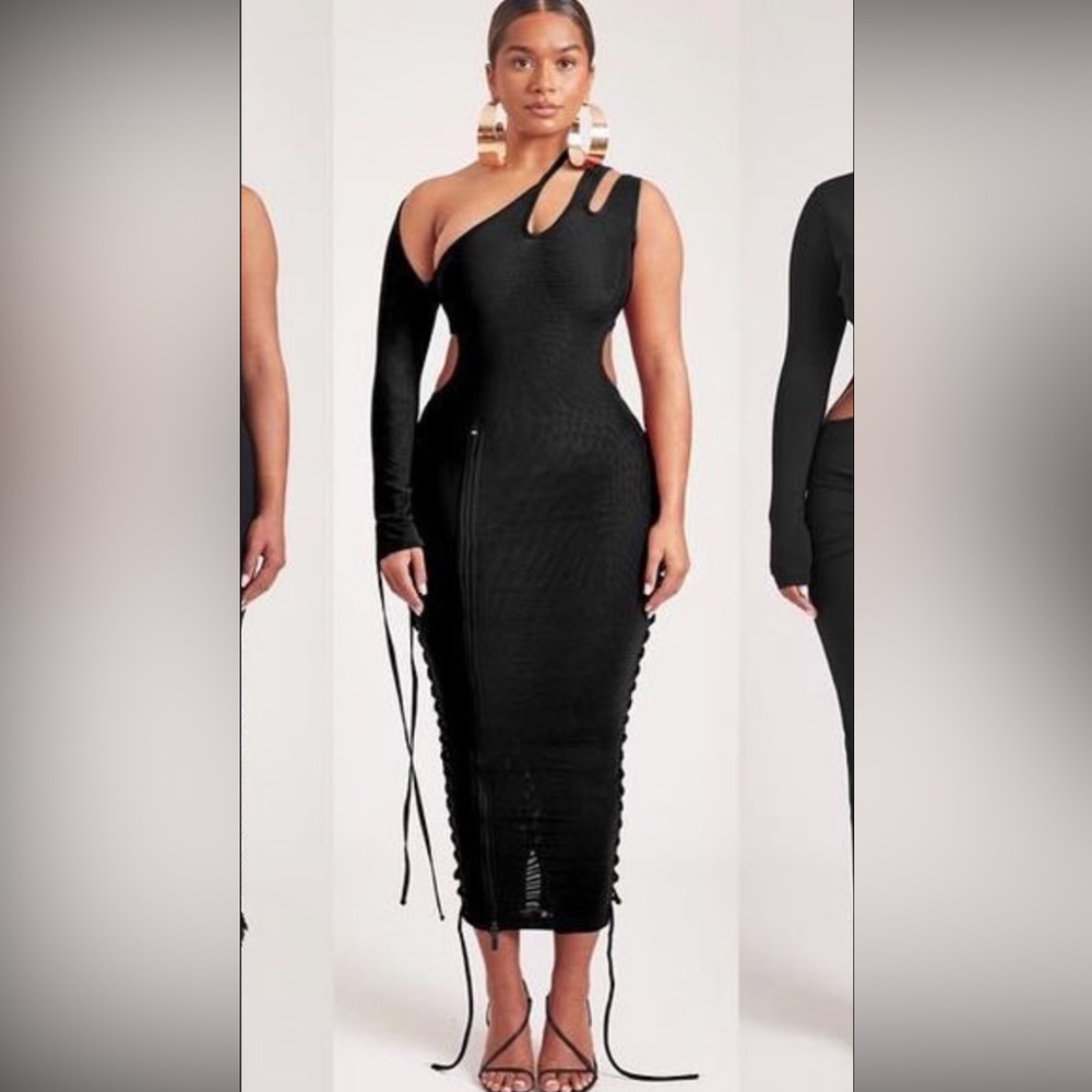 Asymmetric Mesh Body Con Black Dress